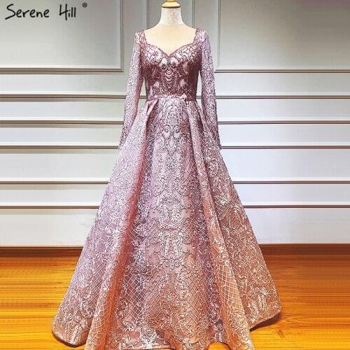 2020 Handmade Lace Beading Long Sleeves Evening Gowns Dubai Pink Luxury V-Neck Sexy Evening Dresses BLA60899
