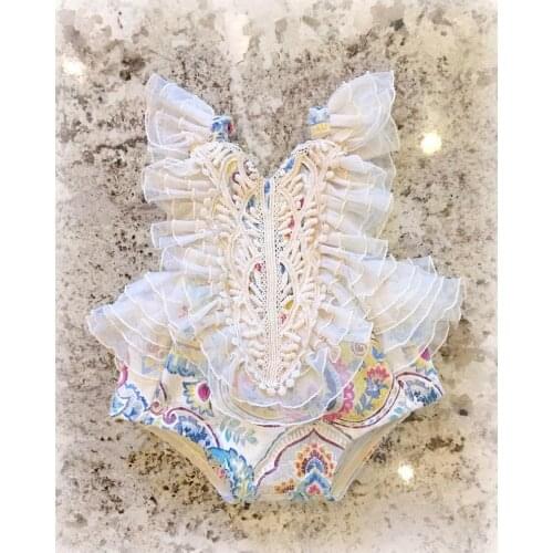 2021 Fashion Summer Lovely Baby Girls Rompers Lace Floral Sleeveless Ruffle Jumpsuits One Piece Clothes