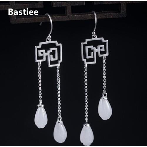 Bastiee 925 Sterling Silver Drop Earrings For Women Dangle Earings Jade Chinese Vintage Magnolia Flower Hanfu Accessories