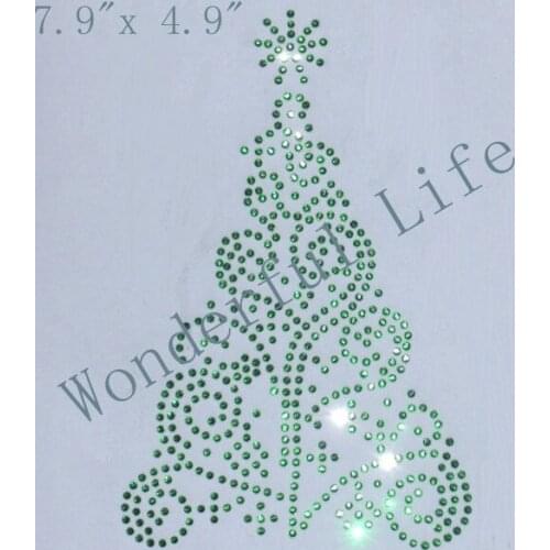 Free shipping 8" x 5" Green OR Emerald Christmas Tree iron on rhinestone transfer for t shirt