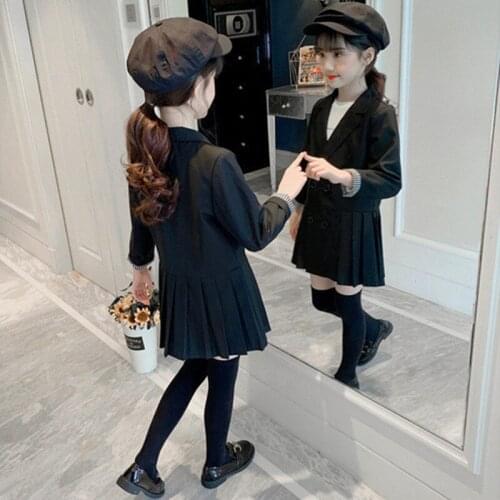 DFXD Teenage Girls Coat Blazer Fashion High Quality Long Pleated Black Jackets Korean Style Double-breasted Outfits New Outwear
