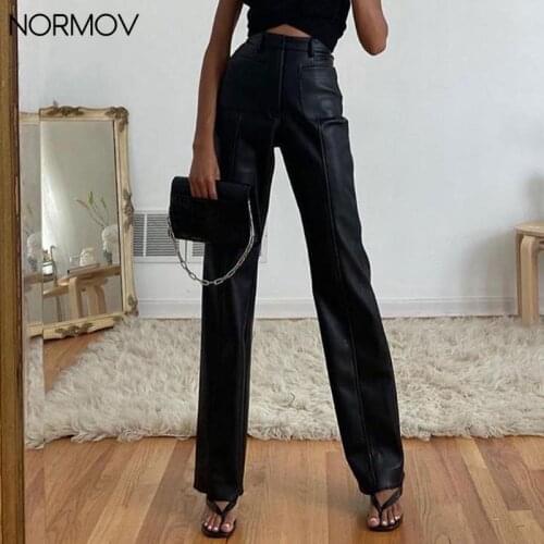 NORMOV Wide Leg Pants Women High Waist Gothic Leather Pencil Pants fashion Loose Straight Pants Casual Pocket Vintage Trousers