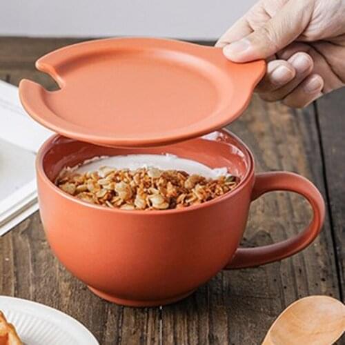 Breakfast cup, ceramic water cup, Japanese style simple soup cup, household cup with lid, oatmeal cup, milk cup
