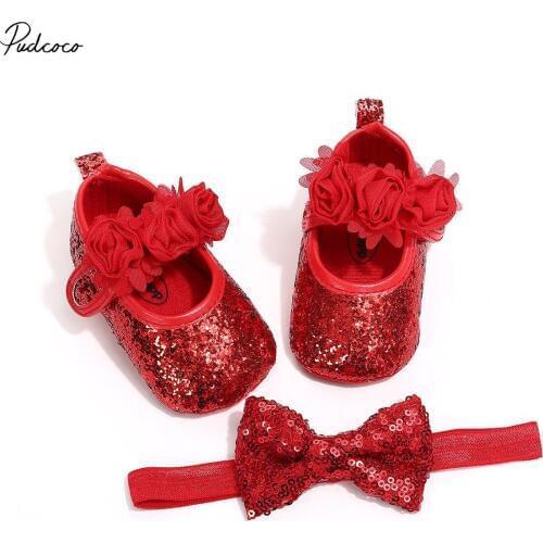 Pudcoco Infant Toddler Baby Girl Bling Crib Floral Leather Shoes+Headband 0-18 Months Helen115