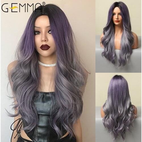 GEMMA Long Wavy Ombre Black Purple Ash Gray Synthetic Wigs for Women Afro Natural Middle Part Cosplay Wigs Heat Resistant Fiber