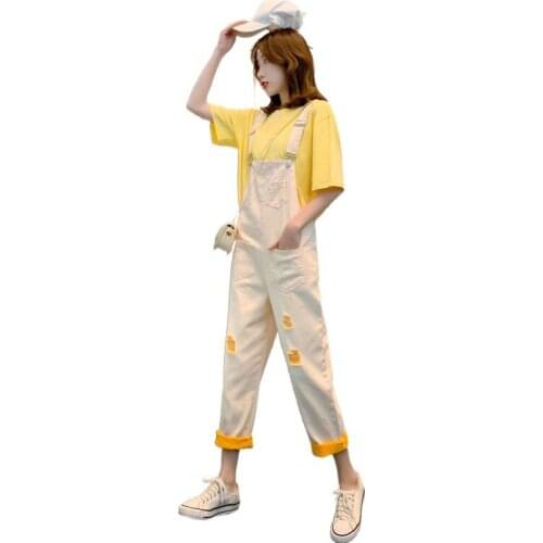 Denim Overalls Bright Color Female Loose Wide Leg Harlan One Piece Nine-Point Ripped Pants Cute Young Girls Wearing