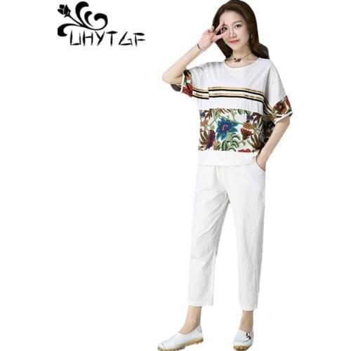 UHYTGF Elegant womans sets short-sleeved printing top cotton linen summer two piece set elegant female loose plus size suit 1625
