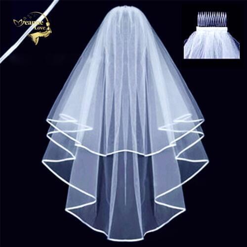 Hot New Cheap Wholesale Wedding Accessorie Tulle White Veil Two Layers Ribbon Edge Bridal Veil With Comb Voile Mariage VI3290