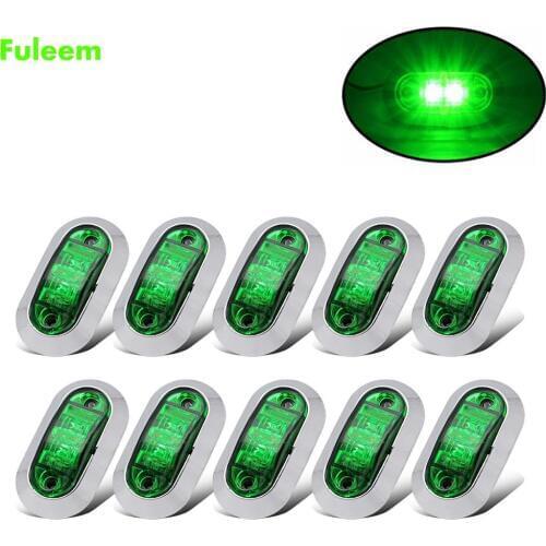 Fuleem 10PCS Chrome Bezel Green LED 2.5INCH 2 Diode Light Oval Clearance Trailer Truck LED Side Marker Lamp 12V 24V Waterproof