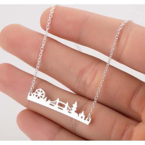 Hfarich Stainless Steel London Bridge Cityscape Choker Chain Necklace Women Fashion Christmas Jewelry Gift