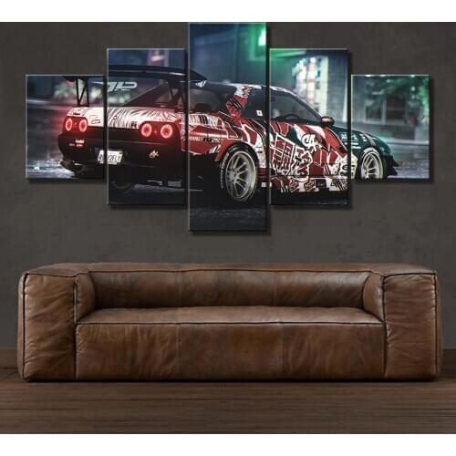 Canvas Print Painting Modern Home Decor Wall Framework Or Frameless 5 Panel White Nissan GTR Supercar Turbo Rear View Poster