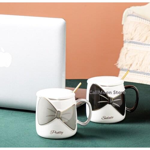 Ceramic Cup 401-500ML Ins Bow Microwavable Mug Cute Kawaii Feminine Mug Korean Style Cartoon Mug with Lid and Spoon Milk Cup