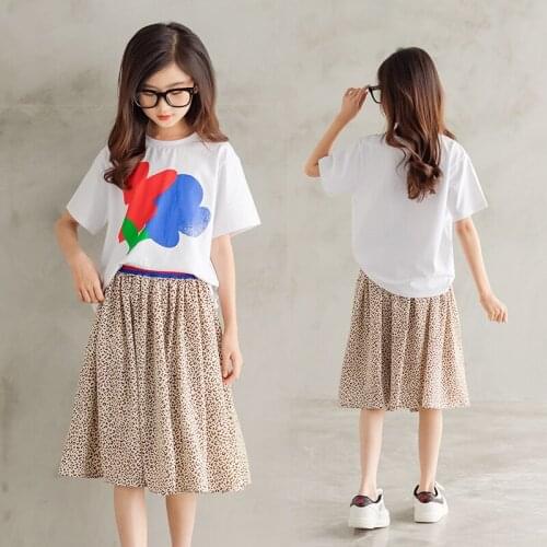 Teen Girls Summer Clothing Set 2021 New Loose Leopard Print Skirt White T Shirt Childrens Outfits Short-sleeved Two-piece Suit