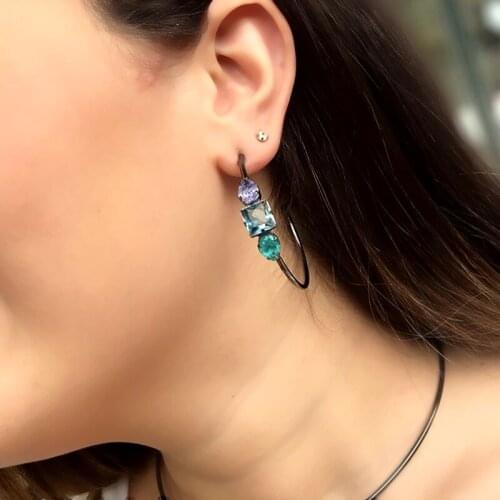 Fashion Round Hoop Earring For Women Green Cubic Zirconia Stone Black Gold Plated Crystal bohemian Party Jewelry CZ Ladies Gift