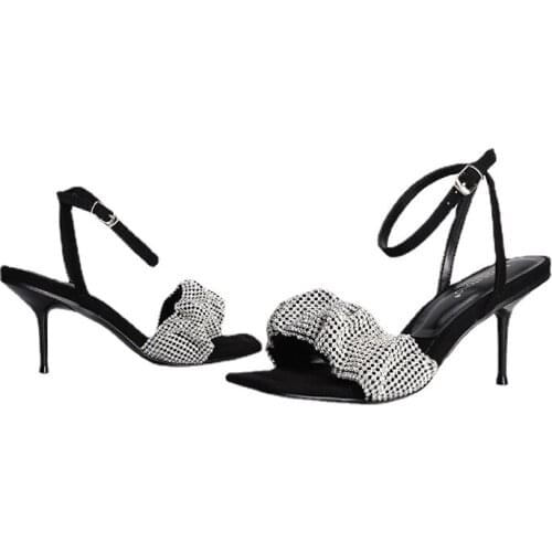 New Arrival Womens Heels for 2021 Summer Crystal Open-toe Square Toe Females Shoes Breathable Stylish Ladys Shoes High Heels