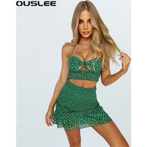 OUSLEE 2021 Women Floral Skirt And Top Set Sexy Halter Crop Tops And Mini Bodycon Skirts Ruffle Party Outfit Club Two Piece Sets