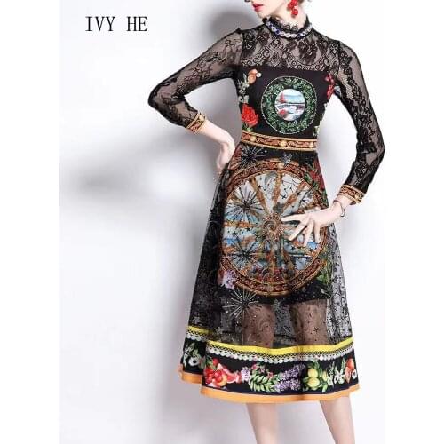 IVY HE High Quality Autumn Dress Woman Clothing Mesh Embroidery Patchwork Print Midi Long Dress Traf ZAfu Vintage Party Dresses