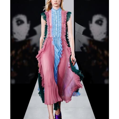 Colorful Patchwork Ruffles Summer Dress 2018 Womens Beach Dress Office Lady Chiffon Long Dress Female Vestido Dresses ND1290