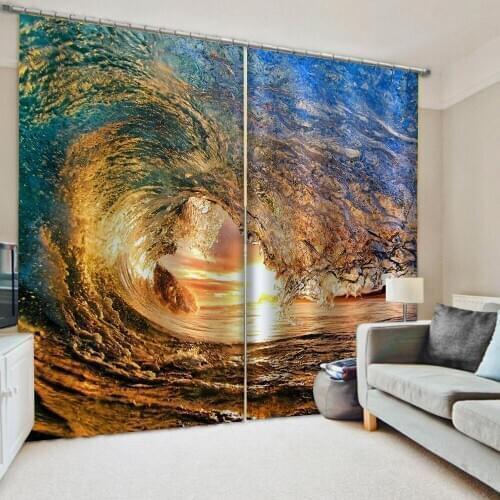 Luxury Blackout 3D Window Curtains For Living Room Bedroom blue waves curtains soundproof windproof curtains
