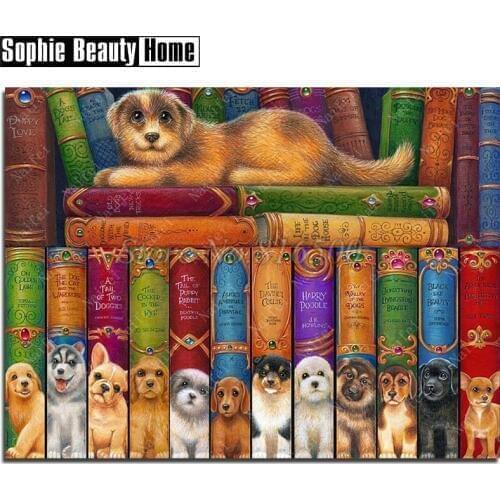 Needlework 5D Diy Diamond Painting Animal Dogs and Book Cross Stitch Diamond Embroidery Full Drill Diamond Mosaic Picture 188345