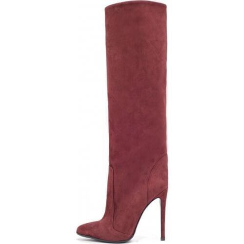 Gullick Red Wine Suede Pointed Toe Thin High Heel Women Long Boots Gladiator Slip On Over The Knee Stiletto Boots Plus Size 43