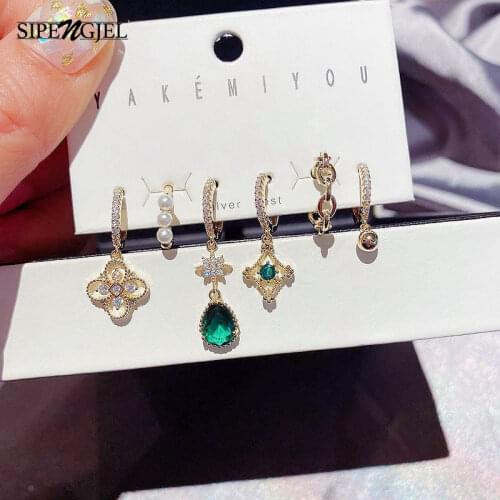 SIPENGJEL Fashion Green Cz Stone Water Drop Huggie Earrings Set 6 PCS Small Ear Cuff Accessories Jewelry Gift
