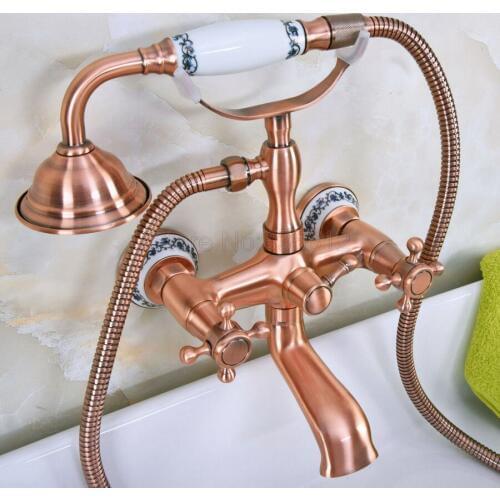 Antique Red Copper Bathtub Faucets Telephone Style Tub Mixer Taps Dual Handle Bathroom Bath Shower Faucet with Handshower tna337