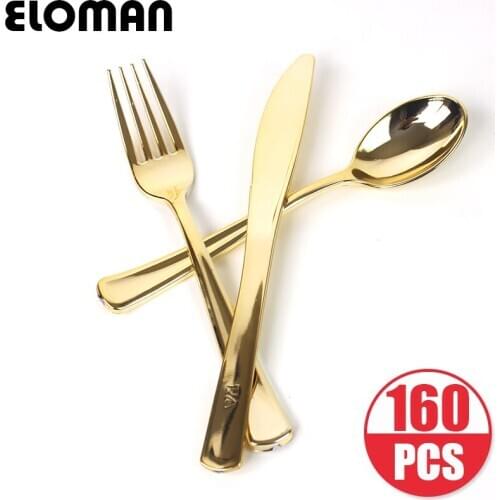 ELOMAN 160 PCS Heavy Duty Disposable Plastic tableware Gold ,For Ceremonies Wedding Receptions Baby Showers Gatherings Birthdays