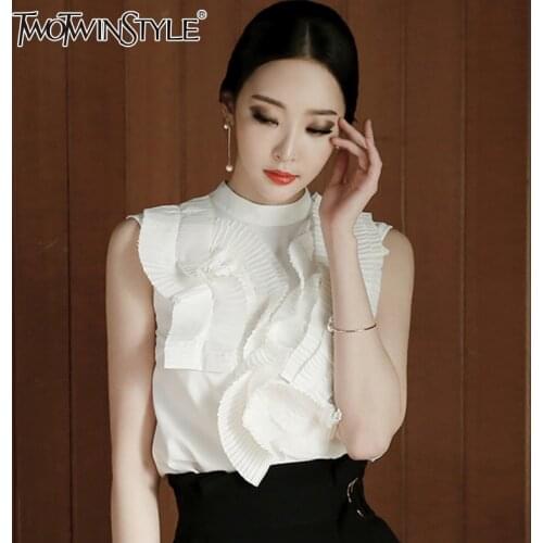 TWOTWINSTYLE Casual White Shirt For Women Stand Collar Sleeveless Patchwork Loose Elegant Korean Shirts Female Summer 2021 New