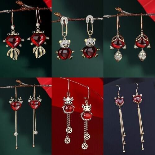 Chinese Style Jewelry Fashion Red Animal Tassel Drop Ears Accessories Creative Cow Gem Earrings 2021 New