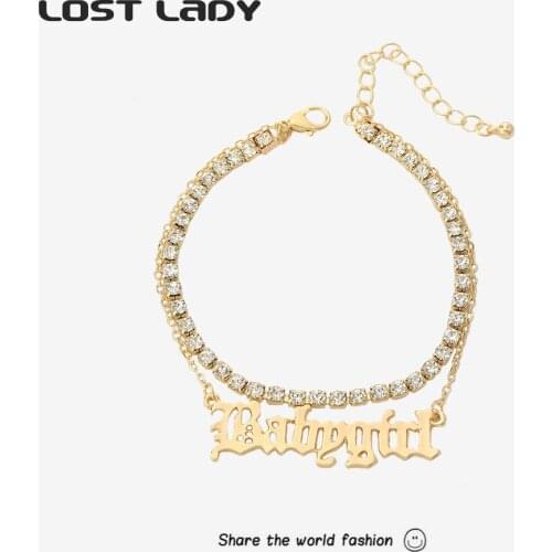 Lost Lady Fashion Bling Tennis Chain Gold Color Anklet Bracelets For Women Rhinestone Letters Pendant Leg Chain Foot Jewelry