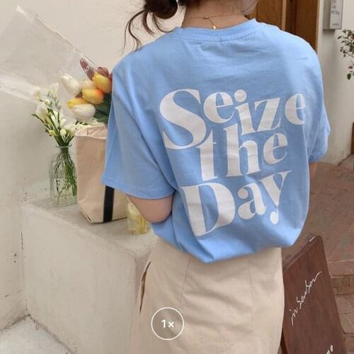 New Korean version of ins simple round neck loose T-shirt female letter printing top long Harajuku style all-match
