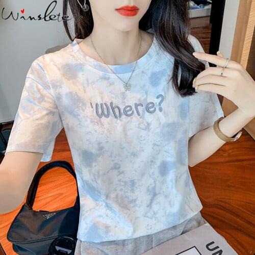 Summer 2021 Tie-dye T-shirt Women Letters Embroidery Cotton O-neck Short Sleeve Preppy Style Casual Tops Tees T17516A