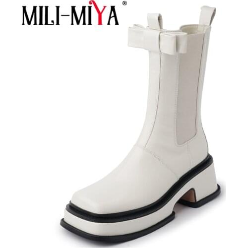 MILI-MIYA New Black White Round Toe Genuine Leather Chelsea Ankle Boots Women Platform Anti Slip Autumn All Match Platform Shoes