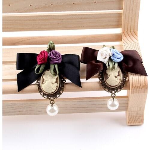 Women Water Drop SImulated-Pearl Antique Beauty Head Statue Queen Cameo Handmade Silk Ribbon Rose Bow Brooches Pins Accessories