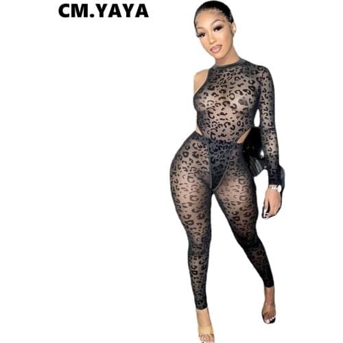 CM.YAYA Women Set Mesh Print One Shoulder Full Sleeve Bodysuit Pencil Pants Two 2 Piece Sets Sexy Night Clubwear Summer Outfits