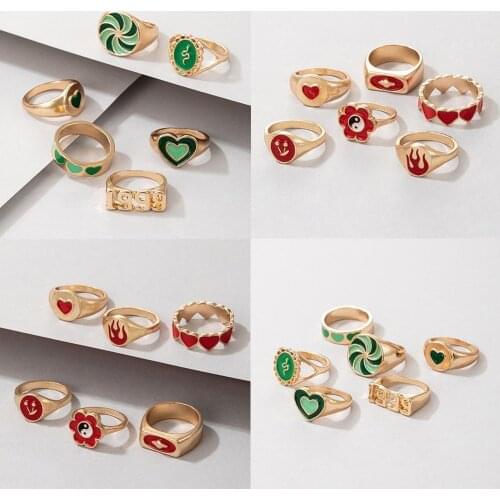 6 Pcs/Set Women Luxury Alloy Ring Sets Bohemia Style Gold Rose Flower Heart Crown Carved Finger Rings Set Women Jewelry