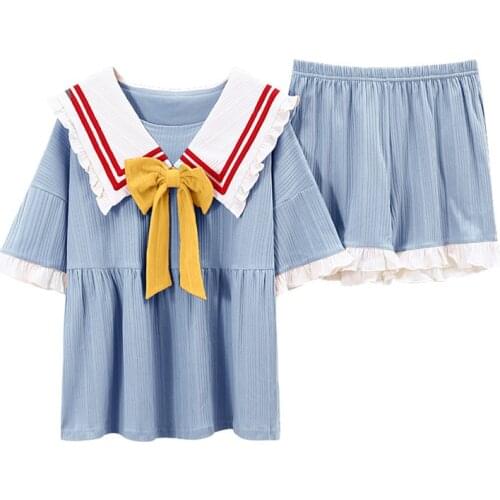 6 Colors Women Pajamas Set Cotton Summer Short Pants Sailor Collar Cute Bow Home Sleepwear Kawaii Lolita Daily Wear