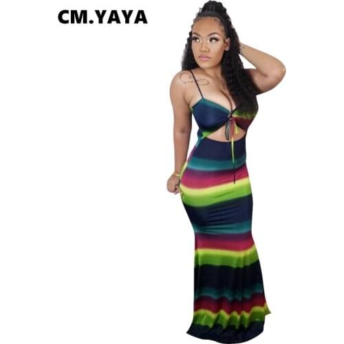 CM.YAYA Women Long Dress Striped Sleeveless Strap V-neck Bandage Hollow Out Stretchy Maxi Dresses Sexy Fashion Outfit Summer