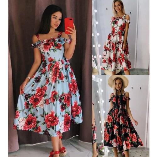 Foral Print Women Sexy Dresses Lady Sleeveless Mid Length Fashion Ruffles Dress Off Shoulder Boho Vestidos Beach Dress