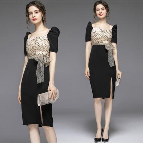 2021 summer OL Elegant Short Sleeve Bodycon Sheath Pencil Dress Mesh stitching lace-up professional temperament slit dress