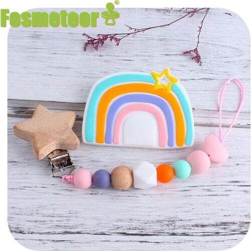 Fosmeteor 1set Baby Pacifier Chain Silicone Rainbow Teether Nipple Clip Holder Infant Silicone Teething Soother Molar Toys