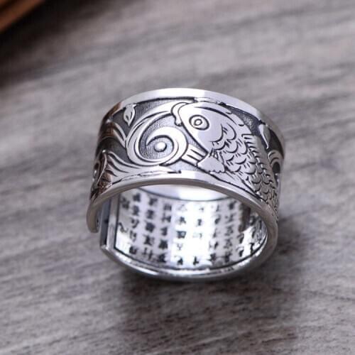 100%999 Pure Silver Jewelry Sterling Silver Heart Sutra Ring Mens Wide Carp Tail Ring