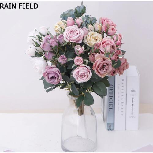 4 Heads Single Rose Artificial Flowers High-Quality Burgundy Flowers Silk Big Fake Rose Wedding Decoration Flower for Table