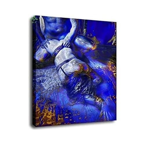 Abstract Art Canvas Oil Painting Blue Colour Couple, Modern Art Home Wall Decoration