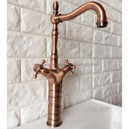 Antique Red Copper Bathroom Sink Faucet Basin Mixer Tap Double Cross Head Handle Finish Hot and Cold Water Mixer Tap Nrg057