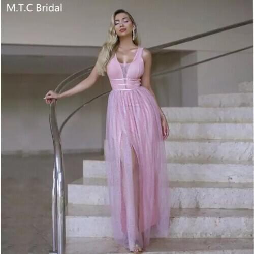 Glitter Dusty Pink Tulle Long Prom Dresses Sexy Backless A Line Plus Size Wedding Party Gowns Customize Special Occasion Gowns
