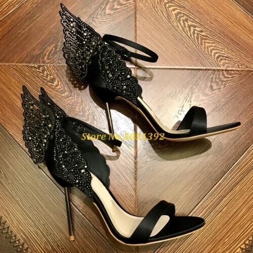 Crystal Butterfly Decor Metal High Heel Sandals One Strap Cover Heel Strap Buckle Open Toe Runway Ladies Shoes Sweety Pink Black