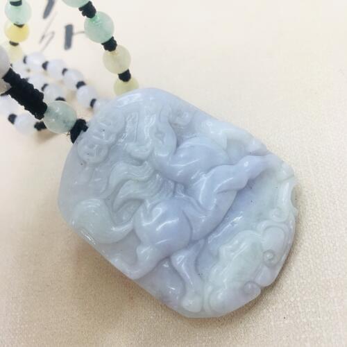 Pure natural Emerald jade hand carved engraving zodiac horse pendant tricolor jade bead necklace men and women sweater chain