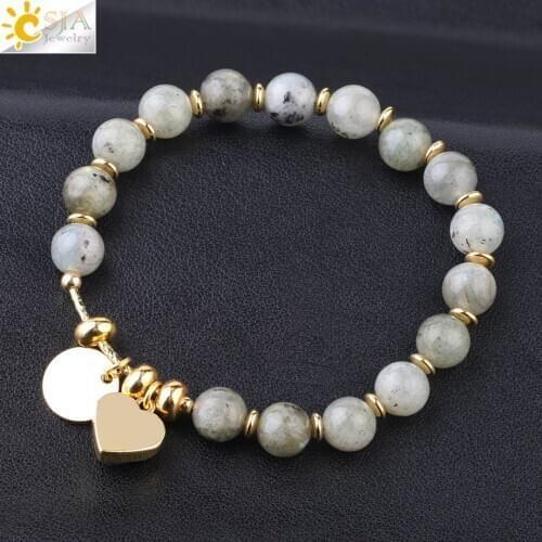 CSJA Natural Crystal Stone Charm Bracelets Heart Druzy Bead Reiki Pink Quartz Gold Color Women Bracelet Trendy Jewelry Gift F699